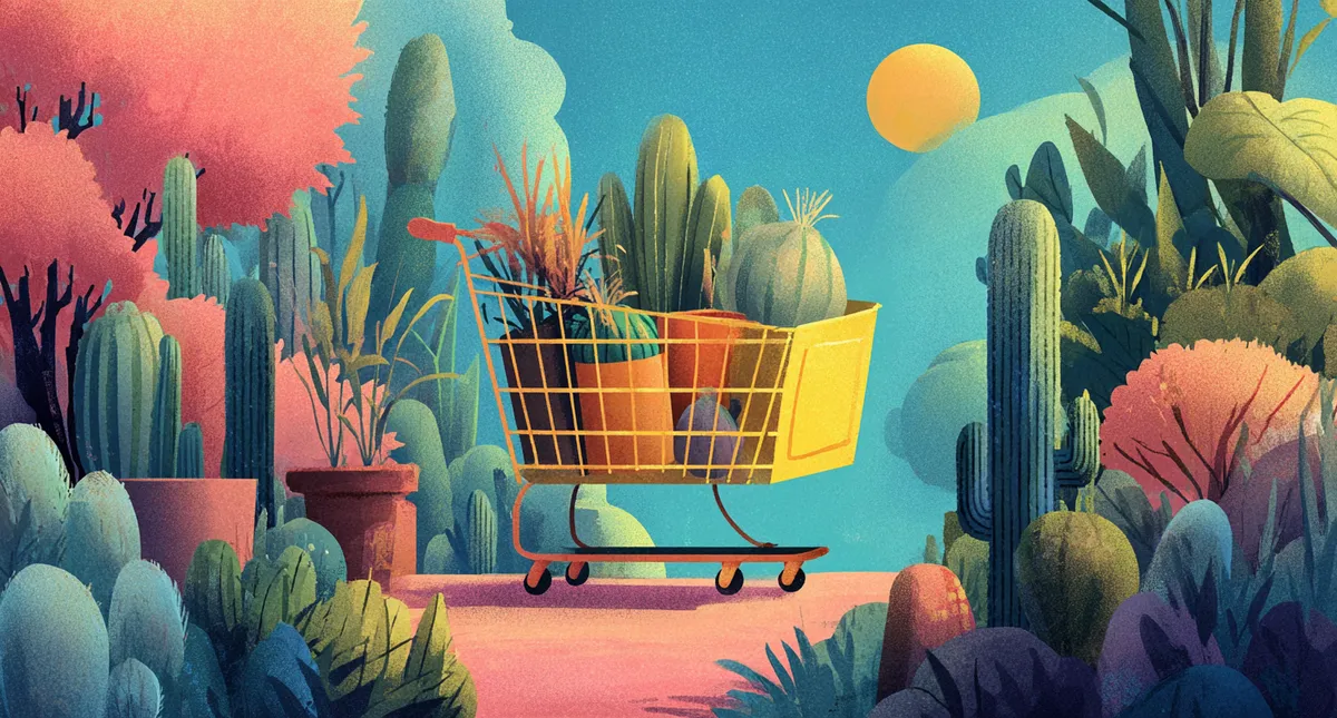 Painterly illustration of a laden cart among cacti
