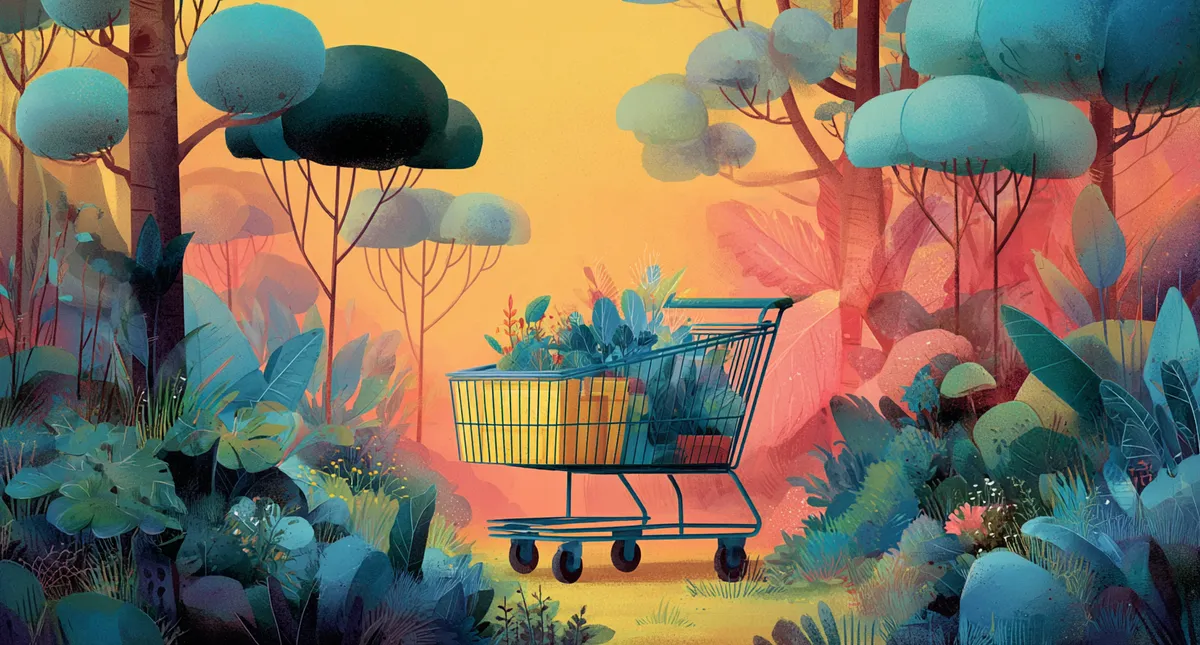 Painterly illustration of shoppers around a giant shopping bag