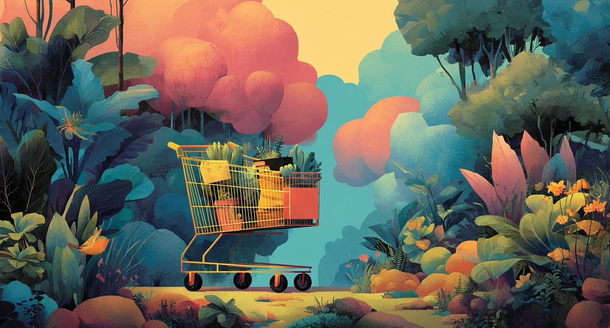 Painterly illustration of people on colorful boxes with shopping carts